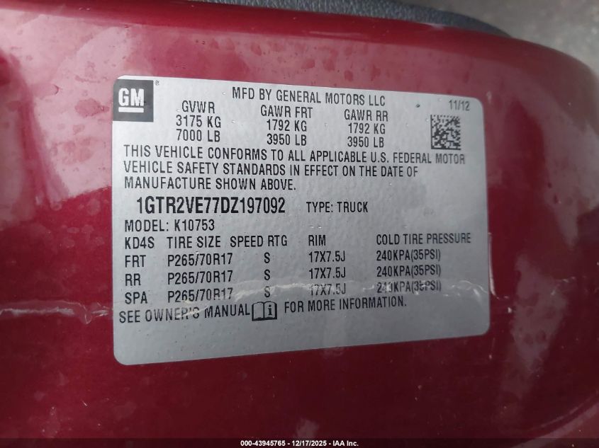 2013 GMC Sierra 1500 Sle VIN: 1GTR2VE77DZ197092 Lot: 43945765
