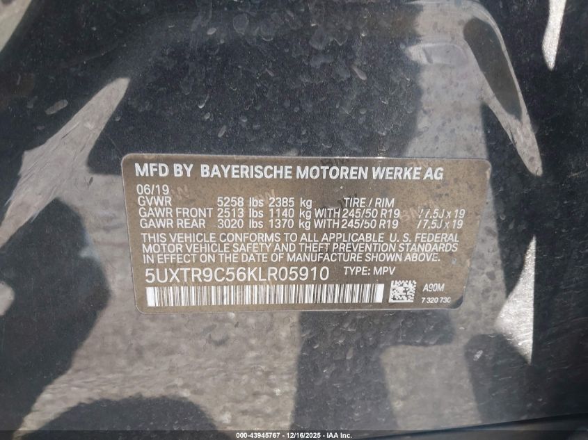 2019 BMW X3 xDrive30I VIN: 5UXTR9C56KLR05910 Lot: 43945767
