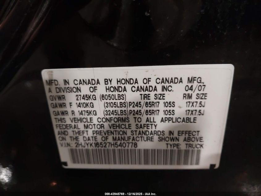 2007 Honda Ridgeline Rtl VIN: 2HJYK16527H540778 Lot: 43945769