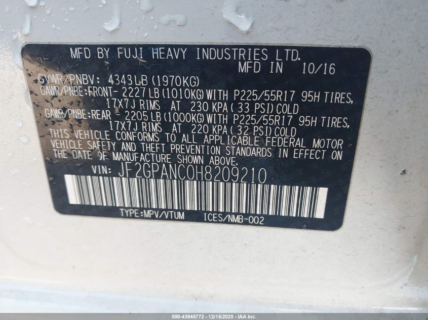 2017 Subaru Crosstrek 2.0I Limited VIN: JF2GPANC0H8209210 Lot: 43945772