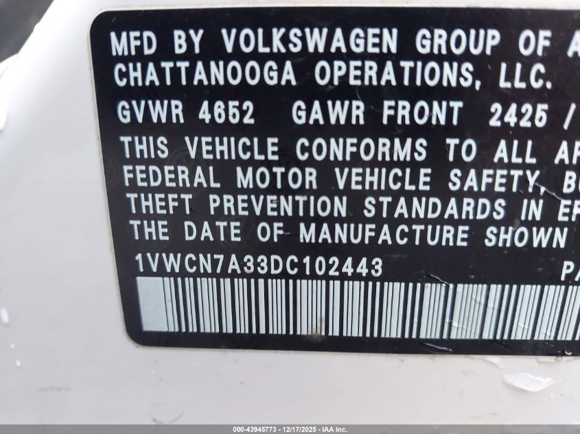 2013 Volkswagen Passat 2.0L Tdi Sel Premium VIN: 1VWCN7A33DC102443 Lot: 43945773