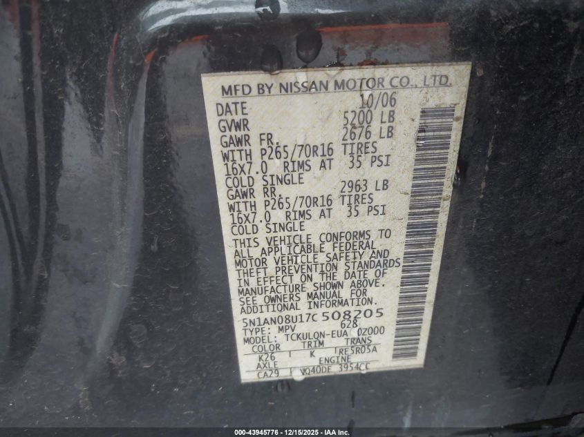 2007 Nissan Xterra X VIN: 5N1AN08U17C508205 Lot: 43945776