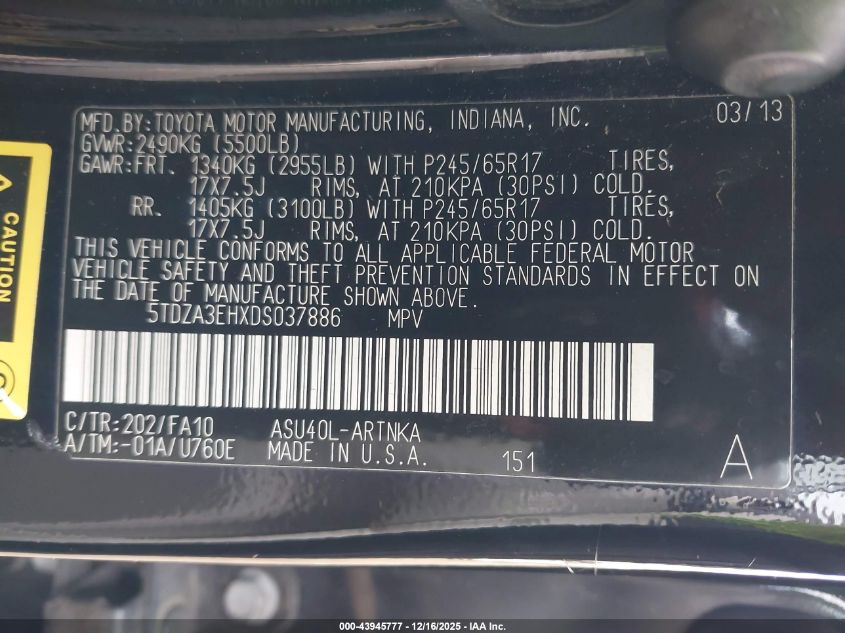 2013 Toyota Highlander Base Plus VIN: 5TDZA3EHXDS037886 Lot: 43945777