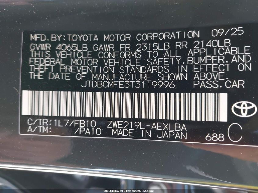 2026 Toyota Corolla Hybrid Le VIN: JTDBCMFE3T3119996 Lot: 43945779
