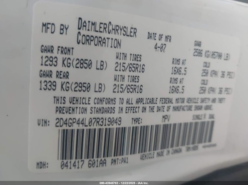 2007 Dodge Grand Caravan Sxt VIN: 2D4GP44L07R319049 Lot: 43945783