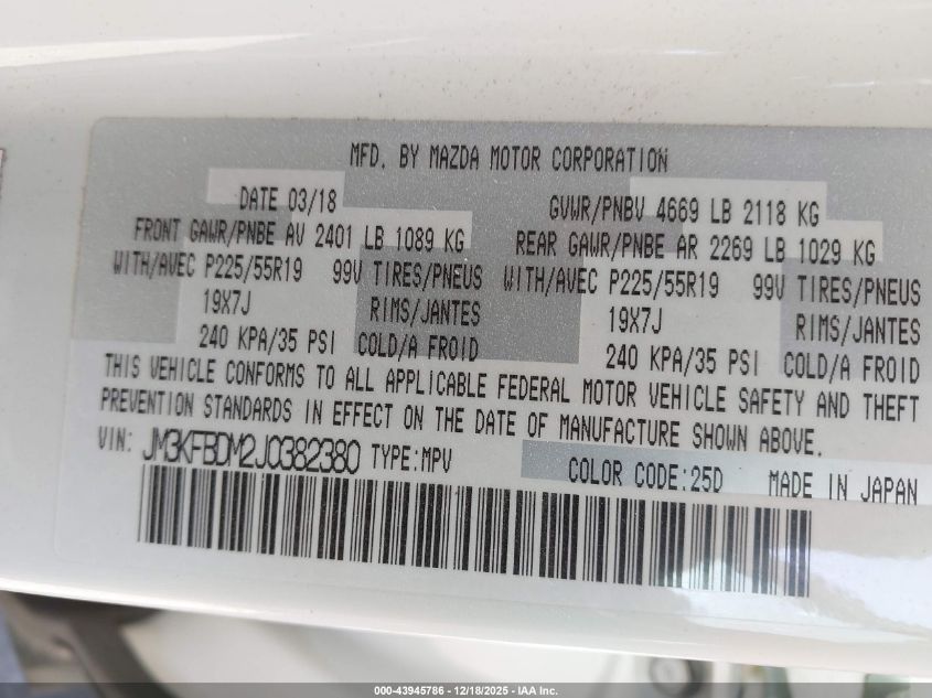 2018 Mazda Cx-5 Grand Touring VIN: JM3KFBDM2J0382380 Lot: 43945786