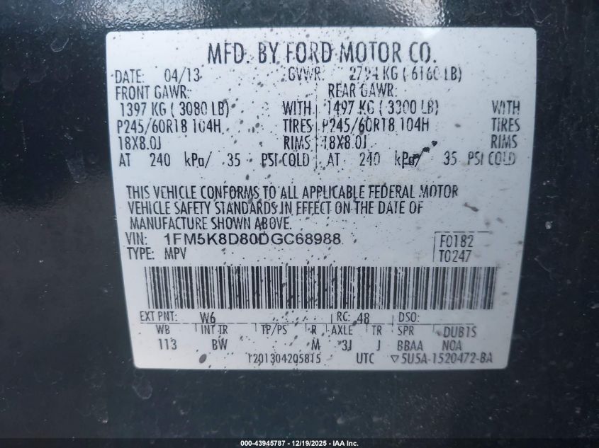 2013 Ford Explorer Xlt VIN: 1FM5K8D80DGC68988 Lot: 43945787