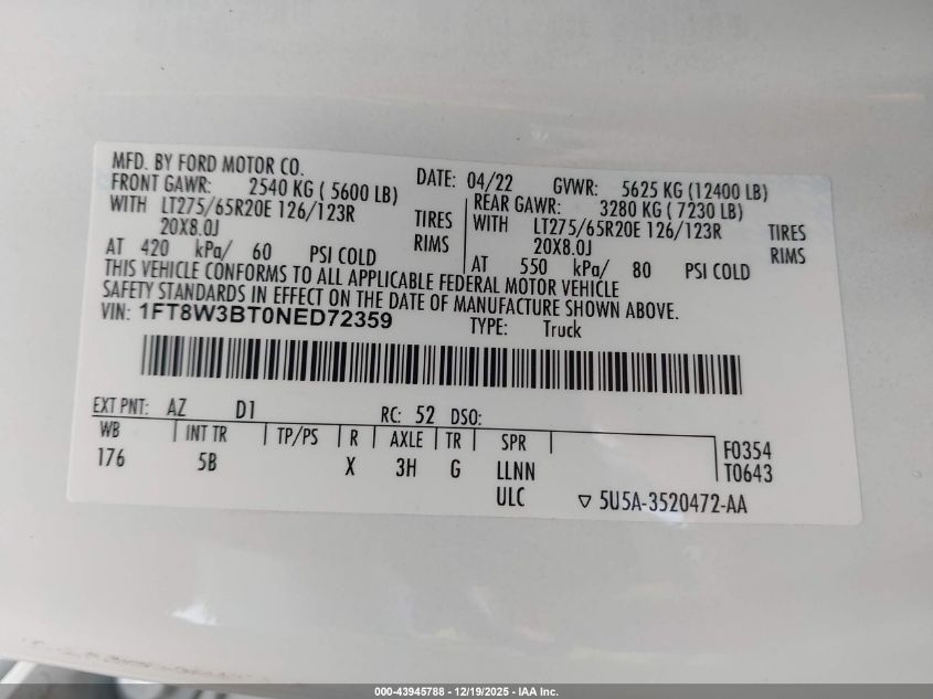2022 Ford F-350 Lariat VIN: 1FT8W3BT0NED72359 Lot: 43945788