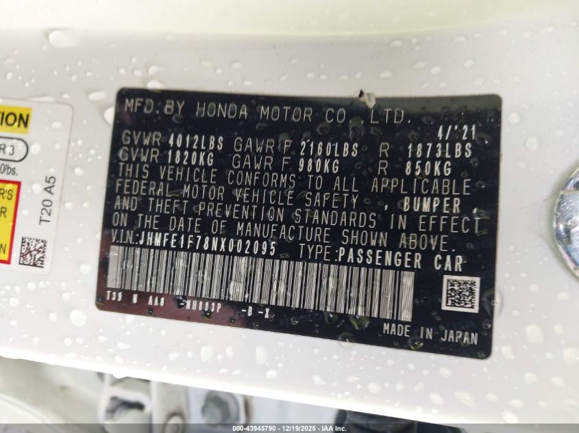2022 Honda Civic Ex VIN: JHMFE1F78NX002095 Lot: 43945790