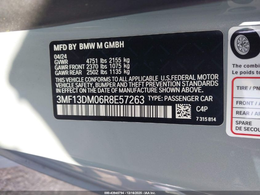 2024 BMW M2 VIN: 3MF13DM06R8E57263 Lot: 43945794