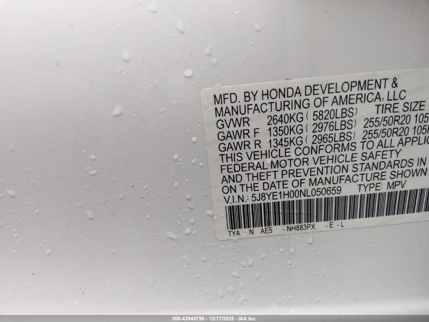 2022 Acura Mdx A-Spec Package VIN: 5J8YE1H00NL050659 Lot: 43945796