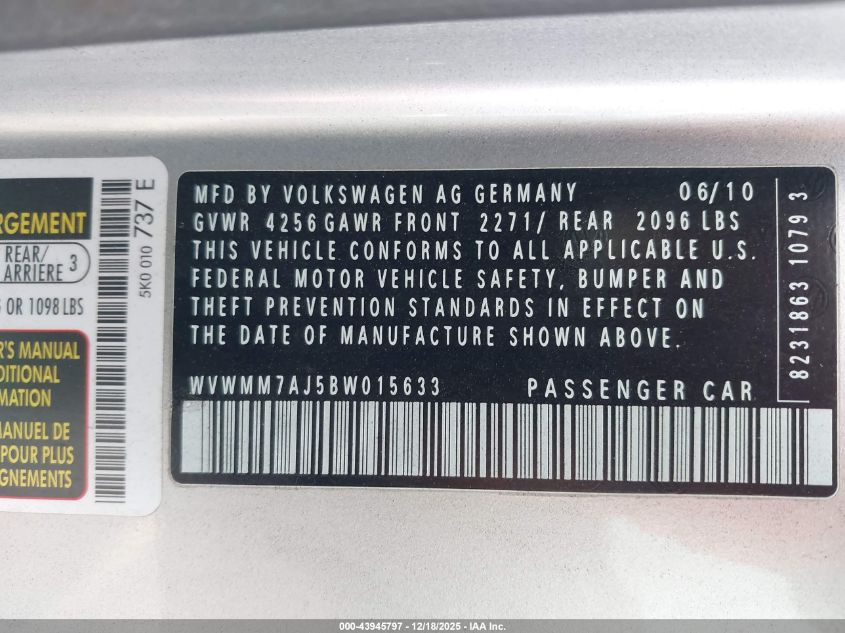 2011 Volkswagen Golf Tdi 2-Door VIN: WVWMM7AJ5BW015633 Lot: 43945797