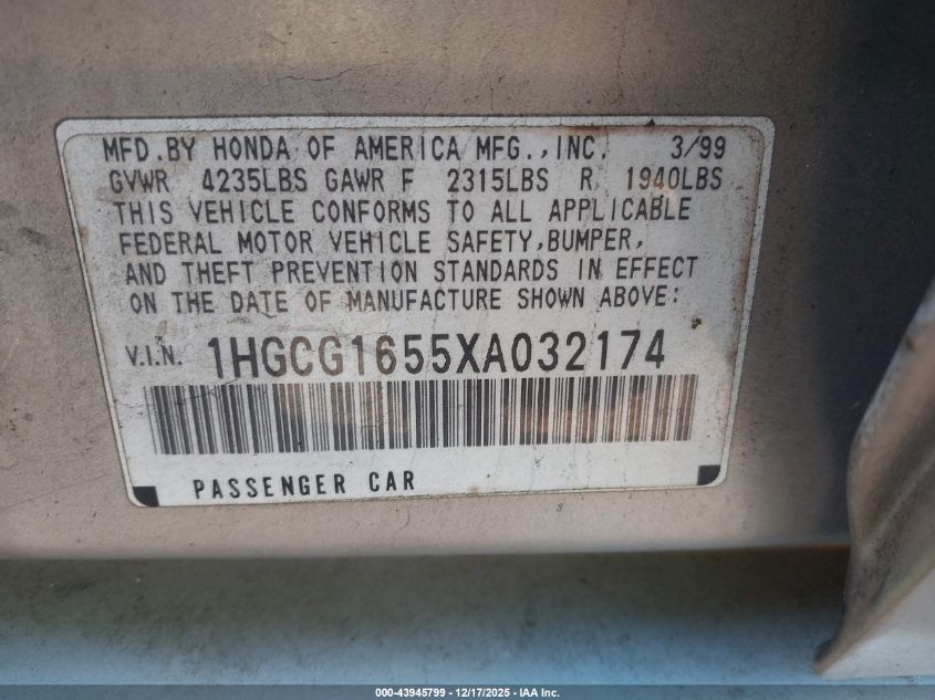 1999 Honda Accord Ex V6 VIN: 1HGCG1655XA032174 Lot: 43945799