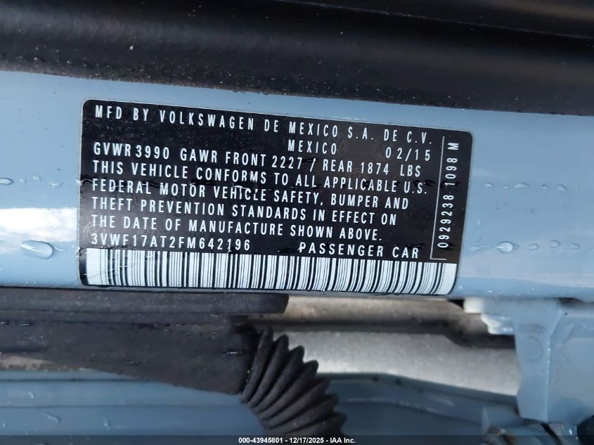 2015 Volkswagen Beetle 1.8T Fleet Edition VIN: 3VWF17AT2FM642196 Lot: 43945801