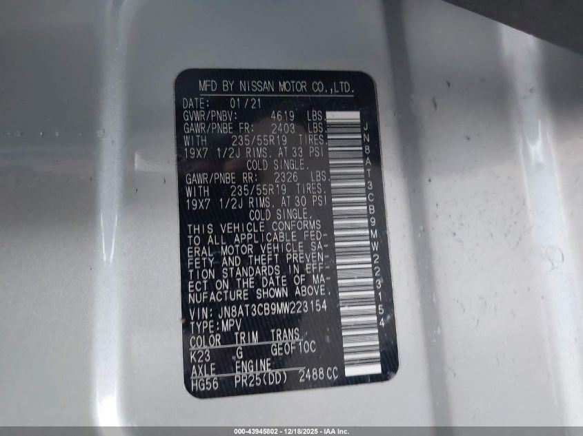 2021 Nissan Rogue Sl Intelligent Awd VIN: JN8AT3CB9MW223154 Lot: 43945802