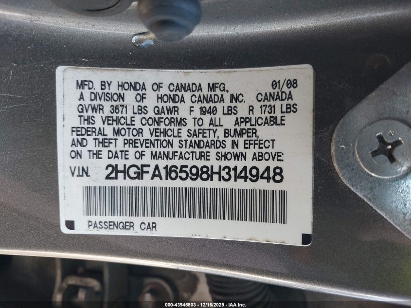 2008 Honda Civic Lx VIN: 2HGFA16598H314948 Lot: 43945803