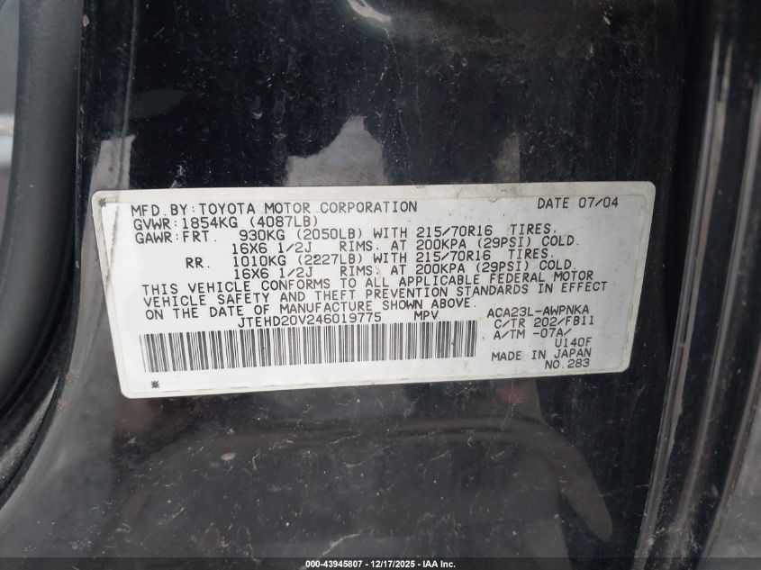 2004 Toyota Rav4 VIN: JTEHD20V246019775 Lot: 43945807