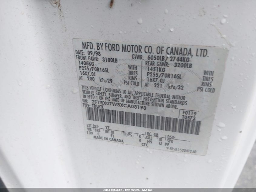 1999 Ford F-150 Lariat/Xl/Xlt VIN: 2FTRX07W8XCA08198 Lot: 43945812