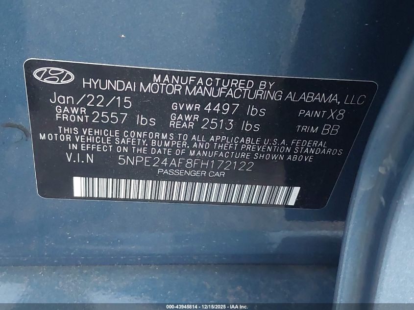 2015 Hyundai Sonata Se VIN: 5NPE24AF8FH172122 Lot: 43945814