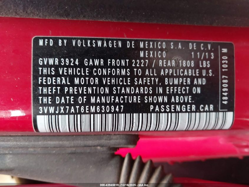 2014 Volkswagen Beetle 2.5L VIN: 3VWJX7AT6EM630947 Lot: 43945819