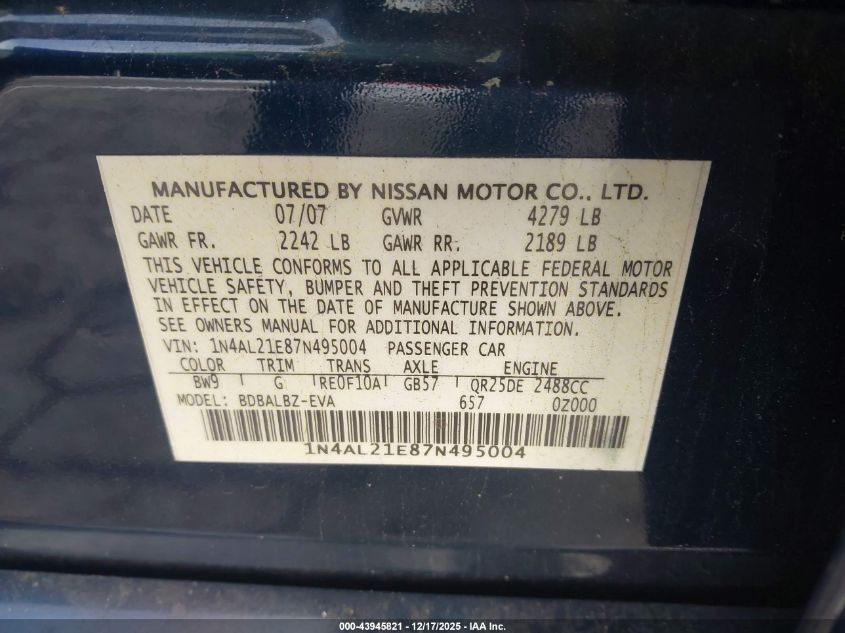 2007 Nissan Altima 2.5 S VIN: 1N4AL21E87N495004 Lot: 43945821