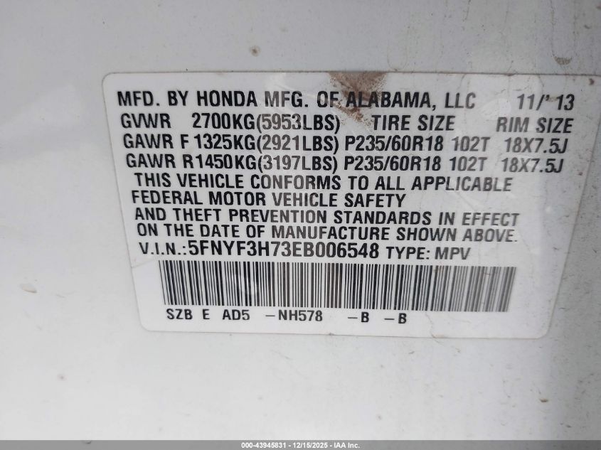 2014 Honda Pilot Ex-L VIN: 5FNYF3H73EB006548 Lot: 43945831