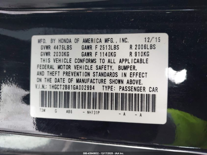 2016 Honda Accord Ex-L V-6 VIN: 1HGCT2B81GA002994 Lot: 43945832