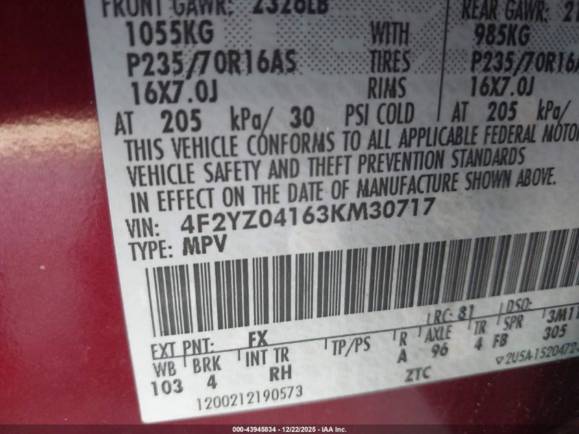 2003 Mazda Tribute Lx V6 VIN: 4F2YZ04163KM30717 Lot: 43945834