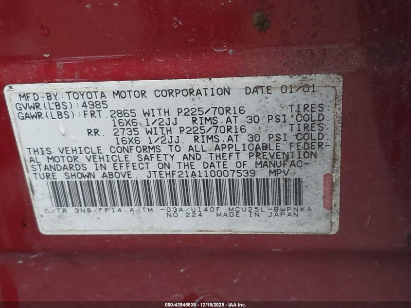 2001 Toyota Highlander V6 VIN: JTEHF21A110007539 Lot: 43945835