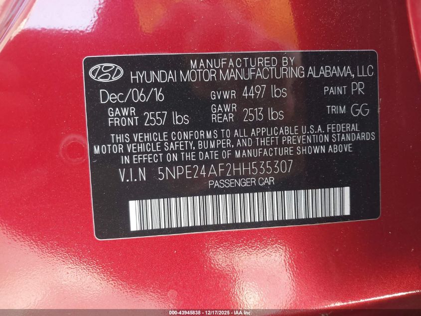 2017 Hyundai Sonata Se VIN: 5NPE24AF2HH535307 Lot: 43945838