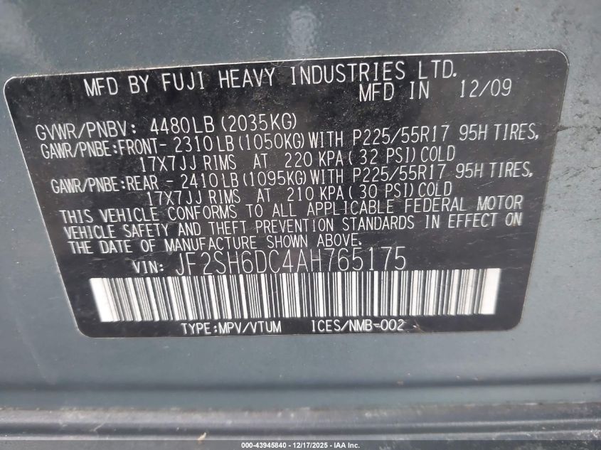 2010 Subaru Forester 2.5X Limited VIN: JF2SH6DC4AH765175 Lot: 43945840