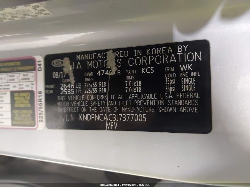 2018 Kia Sportage Ex VIN: KNDPNCAC3J7377005 Lot: 43945841