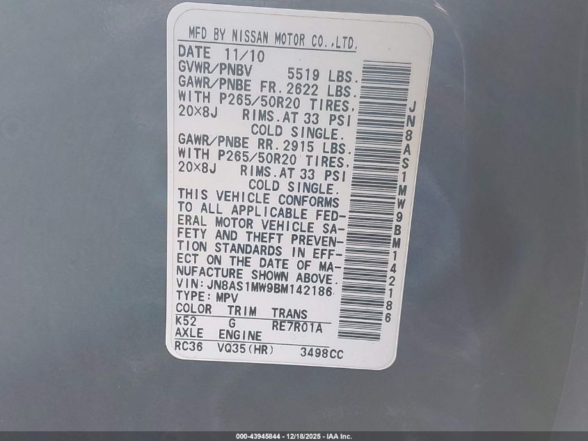 2011 Infiniti Fx35 VIN: JN8AS1MW9BM142186 Lot: 43945844