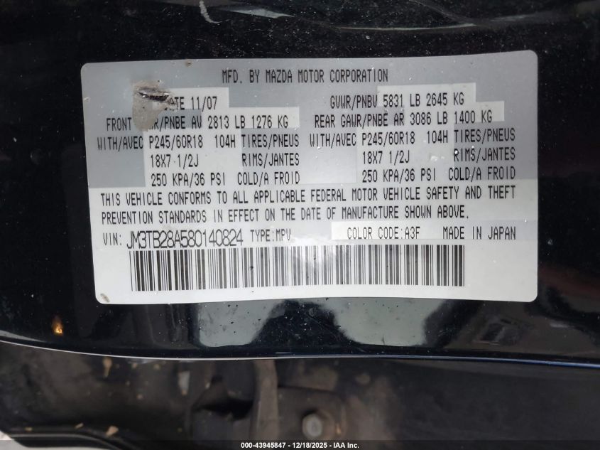 2008 Mazda Cx-9 Sport VIN: JM3TB28A580140824 Lot: 43945847