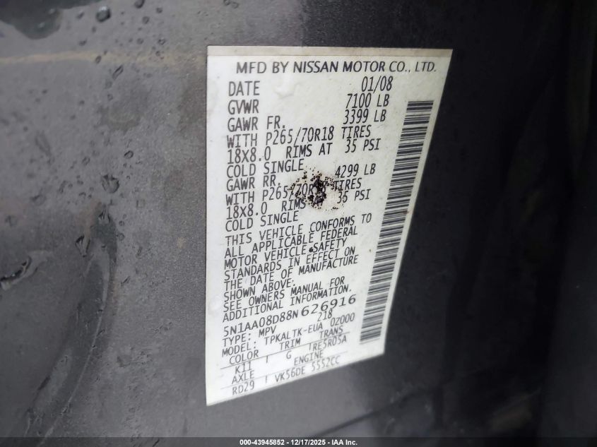 2008 Nissan Armada Se VIN: 5N1AA08D88N626916 Lot: 43945852