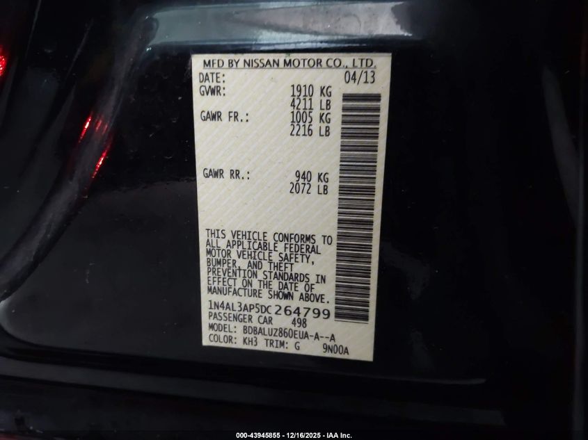2013 Nissan Altima 2.5 Sv VIN: 1N4AL3AP5DC264799 Lot: 43945855