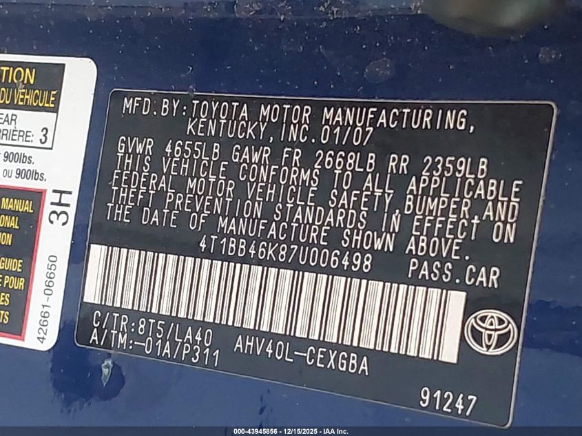2007 Toyota Camry Hybrid VIN: 4T1BB46K87U006498 Lot: 43945856