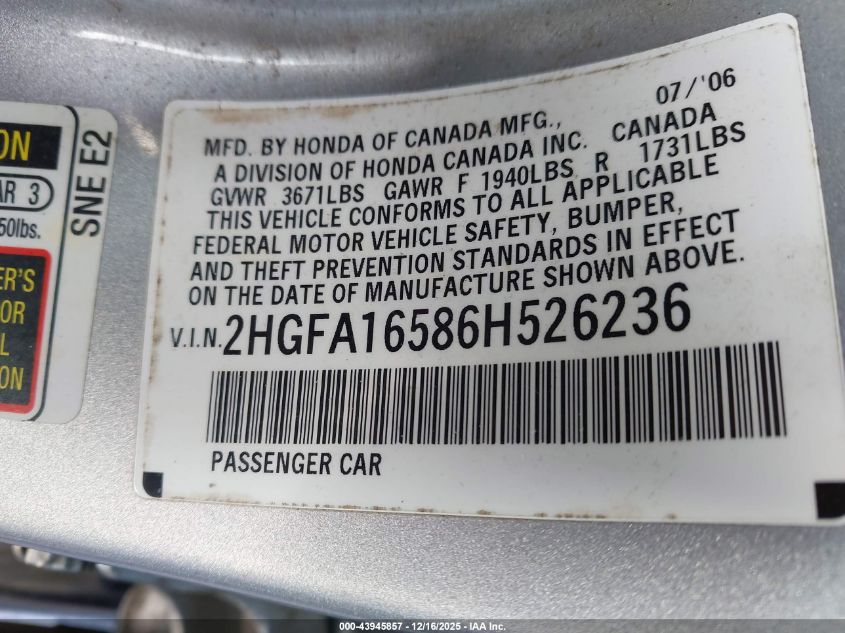 2006 Honda Civic Lx VIN: 2HGFA16586H526236 Lot: 43945857