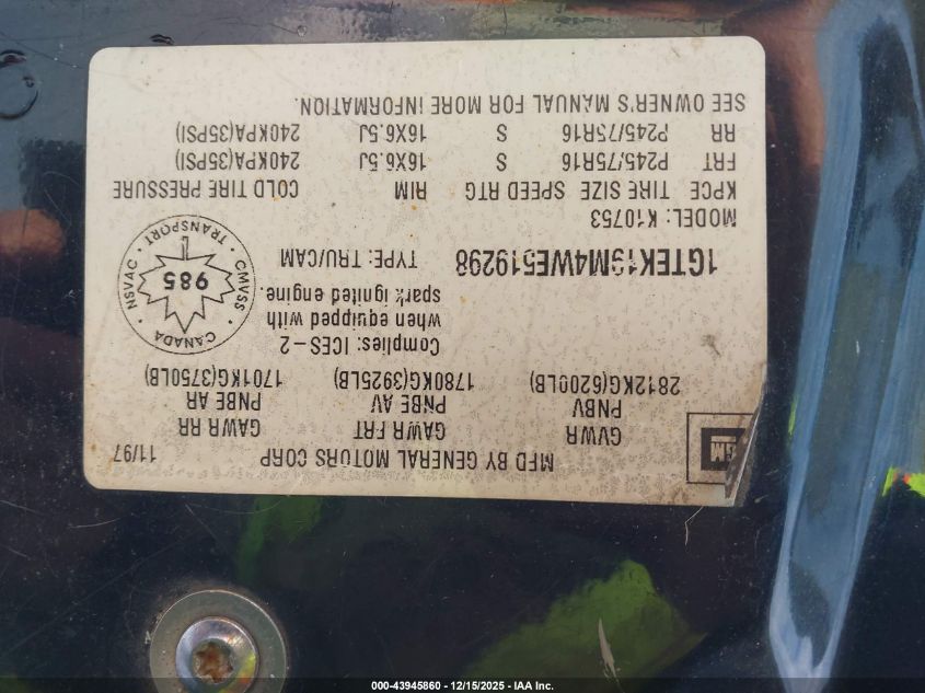 1998 GMC Sierra 1500 Sl Wideside/Sle Sportside VIN: 1GTEK19M4WE519298 Lot: 43945860