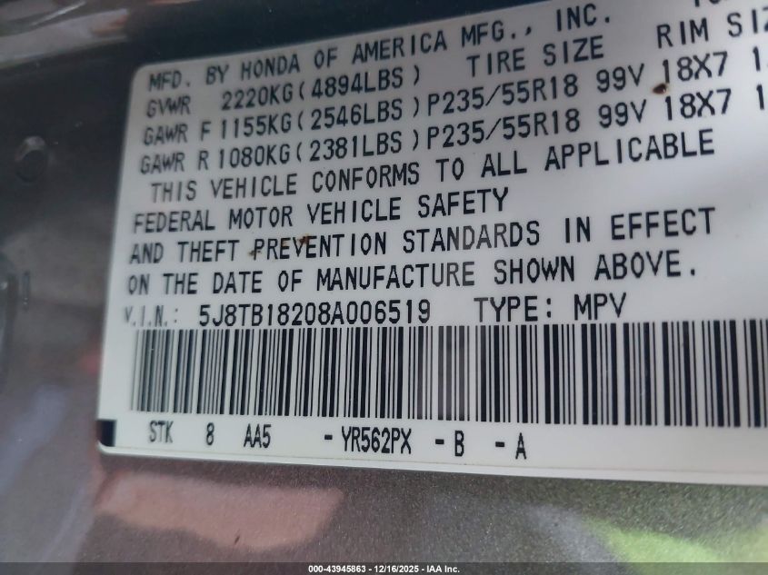 2008 Acura Rdx VIN: 5J8TB18208A006519 Lot: 43945863