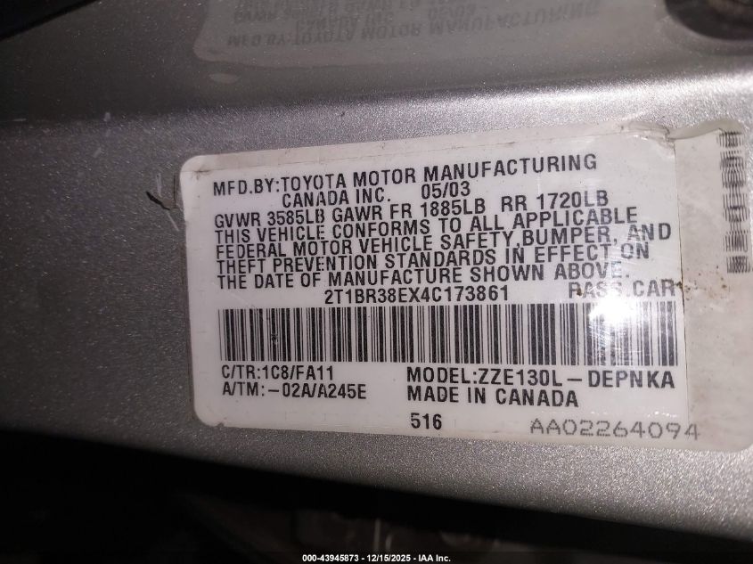 2004 Toyota Corolla Le VIN: 2T1BR38EX4C173861 Lot: 43945873