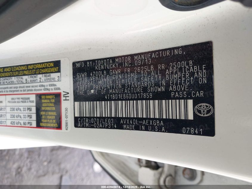 2013 Toyota Avalon Hybrid Xle Premium VIN: 4T1BD1EB6DU017859 Lot: 43945874