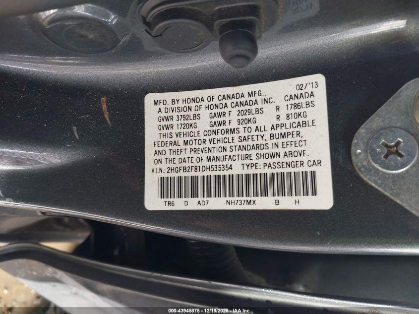 2013 Honda Civic Ex VIN: 2HGFB2F81DH535354 Lot: 43945875