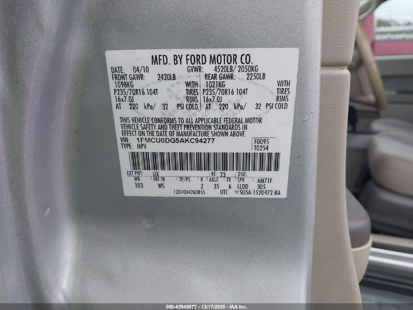 2010 Ford Escape Xlt VIN: 1FMCU0DG5AKC94277 Lot: 43945877