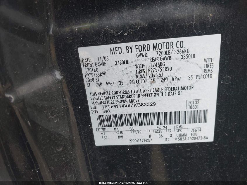 2007 Ford F-150 Fx4/Lariat/Xlt VIN: 1FTPW14V67KB83329 Lot: 43945881