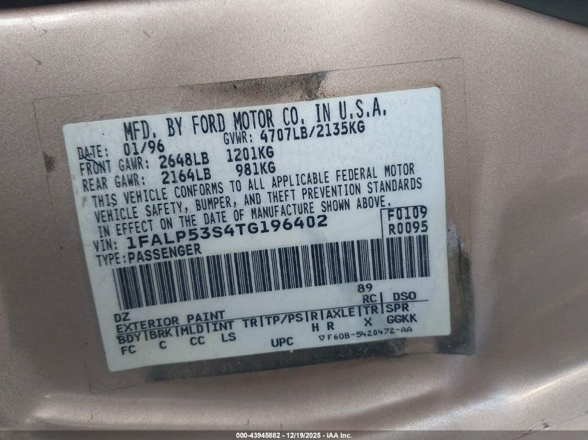 1996 Ford Taurus Lx VIN: 1FALP53S4TG196402 Lot: 43945882