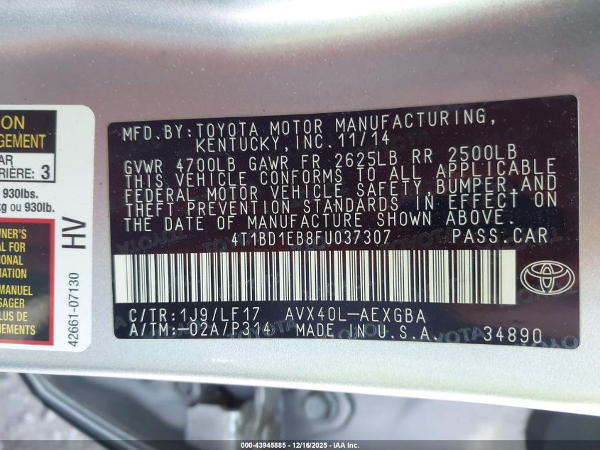 2015 Toyota Avalon Hybrid Xle Premium VIN: 4T1BD1EB8FU037307 Lot: 43945885