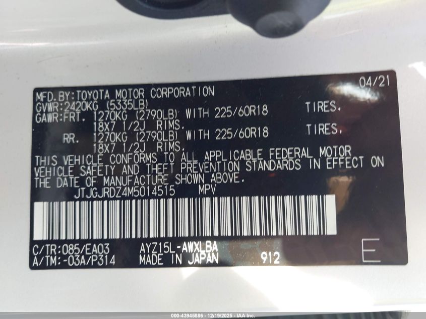 2021 Lexus Nx 300H VIN: JTJGJRDZ4M5014515 Lot: 43945886