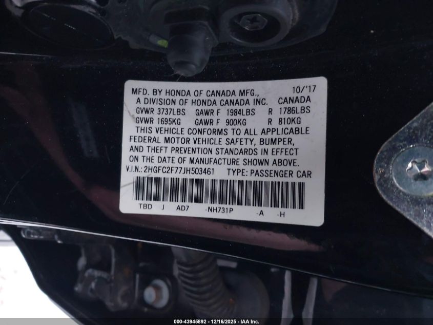 2018 Honda Civic Ex VIN: 2HGFC2F77JH503461 Lot: 43945892