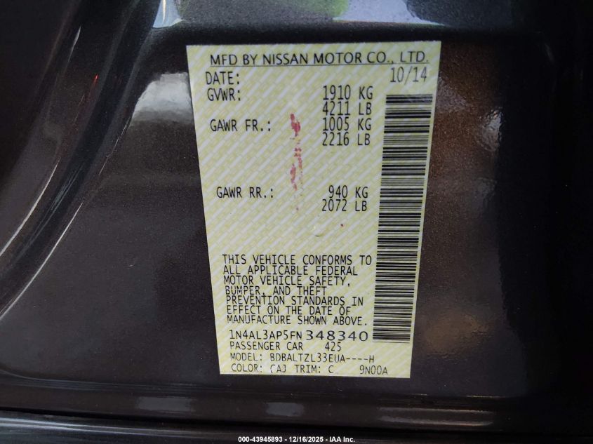 2015 Nissan Altima 2.5 Sl VIN: 1N4AL3AP5FN348340 Lot: 43945893